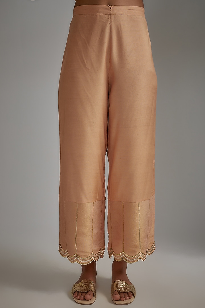 Rose Gold Silk Zari Hand Printed Kaftan Set by I AM DESIGN at Pernia's Pop Up Shop