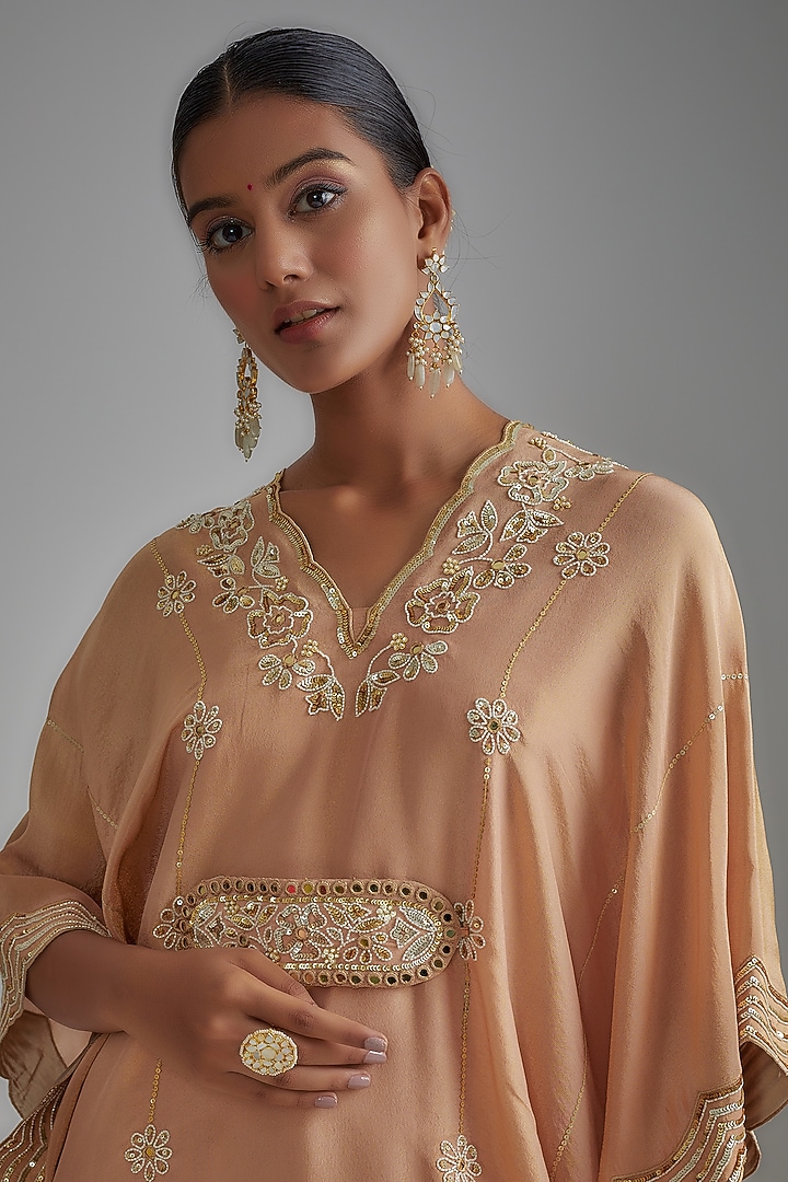 Rose Gold Silk Zari Hand Printed Kaftan Set by I AM DESIGN at Pernia's Pop Up Shop