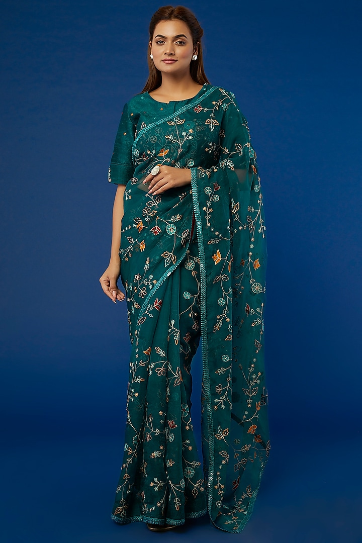 Teal Embroidered Saree Set by I Am Design