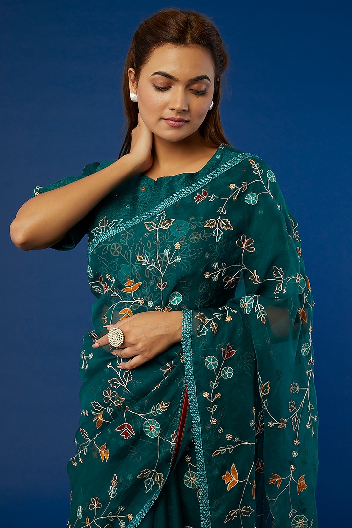 Teal Embroidered Wedding Saree Set by I Am Design at Pernia's Pop Up Shop