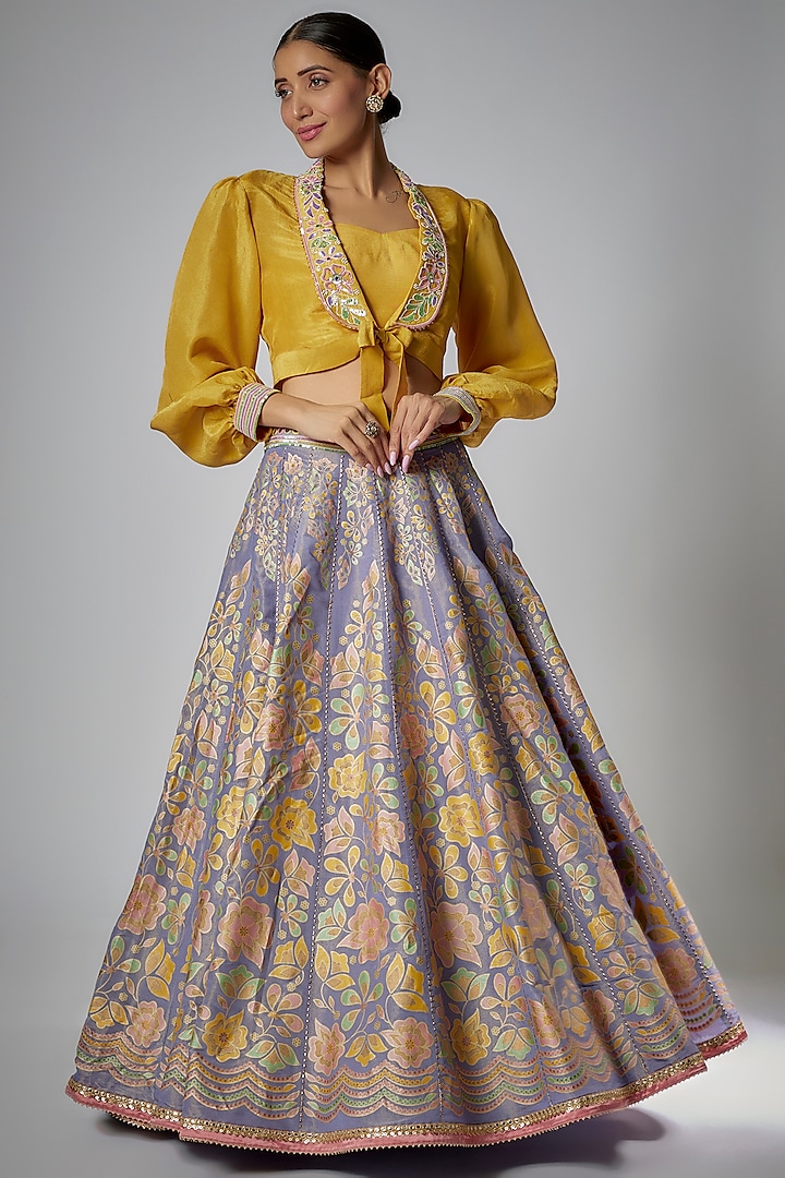 Mauve Silk Zari Floral Printed Wedding Lehenga Set by I AM DESIGN at Pernia's Pop Up Shop