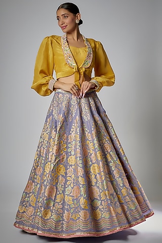 Mauve Silk Zari Floral Printed Lehenga Set by I AM DESIGN