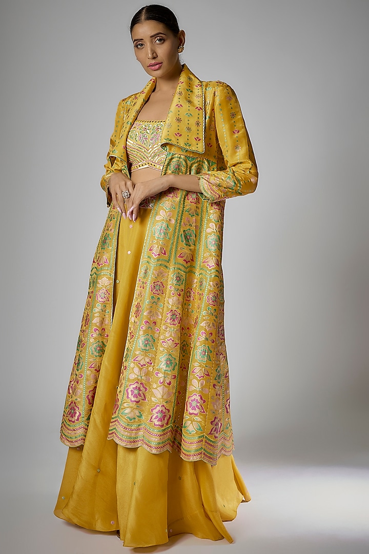 Mustard Silk Zari Floral Hand Printed Jacket Set by I AM DESIGN at Pernia's Pop Up Shop