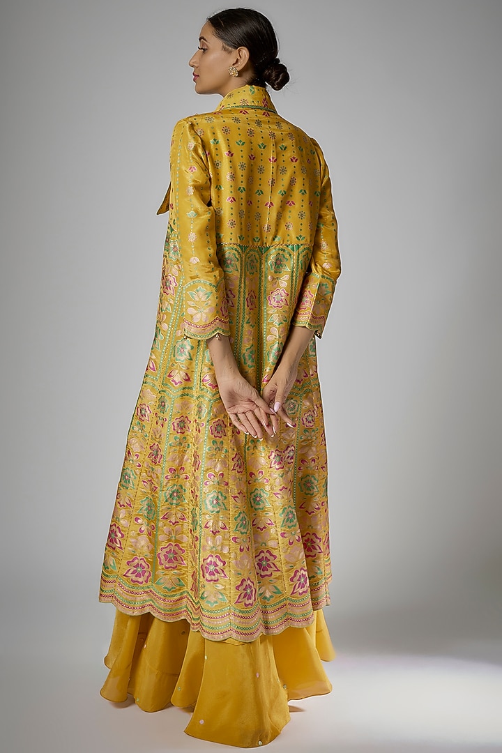 Mustard Silk Zari Floral Hand Printed Jacket Set by I AM DESIGN at Pernia's Pop Up Shop