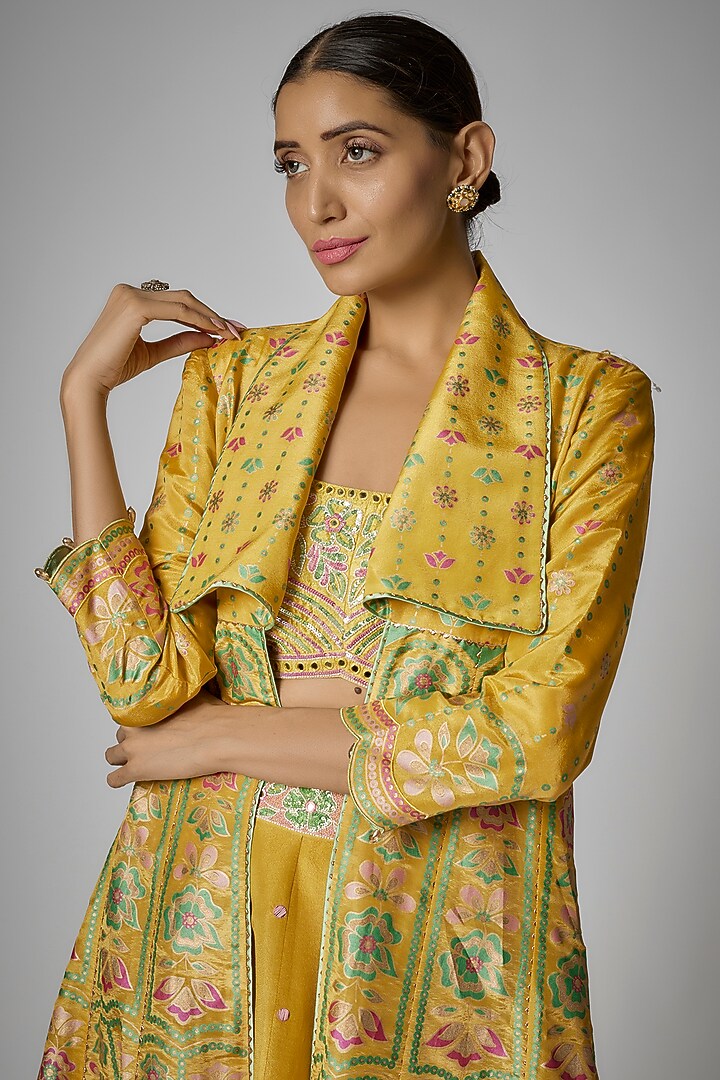 Mustard Silk Zari Floral Hand Printed Jacket Set by I AM DESIGN at Pernia's Pop Up Shop