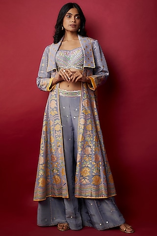 Mauve Silk Zari Blend Floral Hand Printed Jacket Set by I Am Design