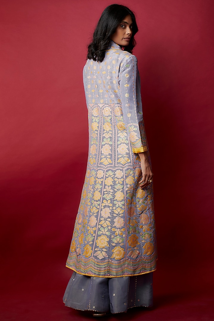 Mauve Silk Zari Blend Floral Hand Printed Jacket Set by I Am Design at Pernia's Pop Up Shop