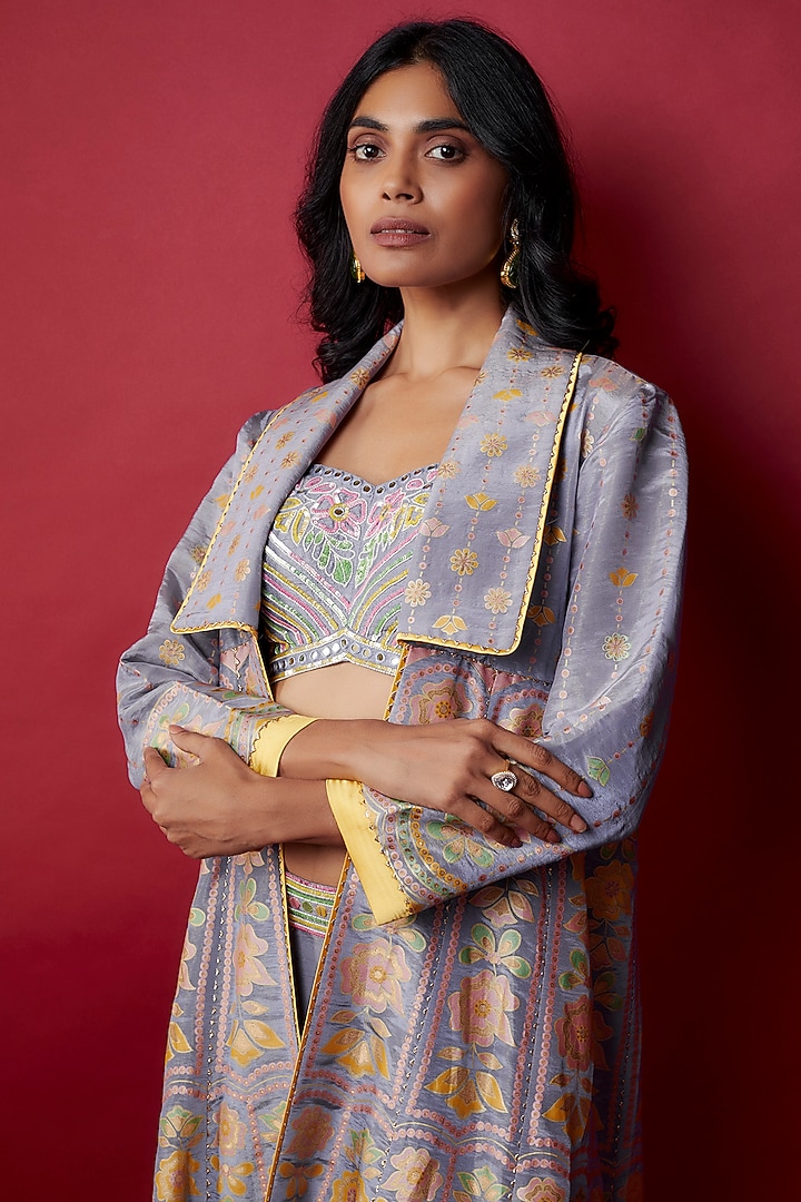Mauve Silk Zari Blend Floral Hand Printed Jacket Set by I Am Design at Pernia's Pop Up Shop