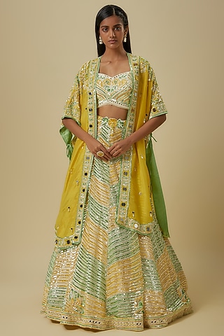 Green & Mustard Silk Shantoon Cape Lehenga Set by I AM DESIGN