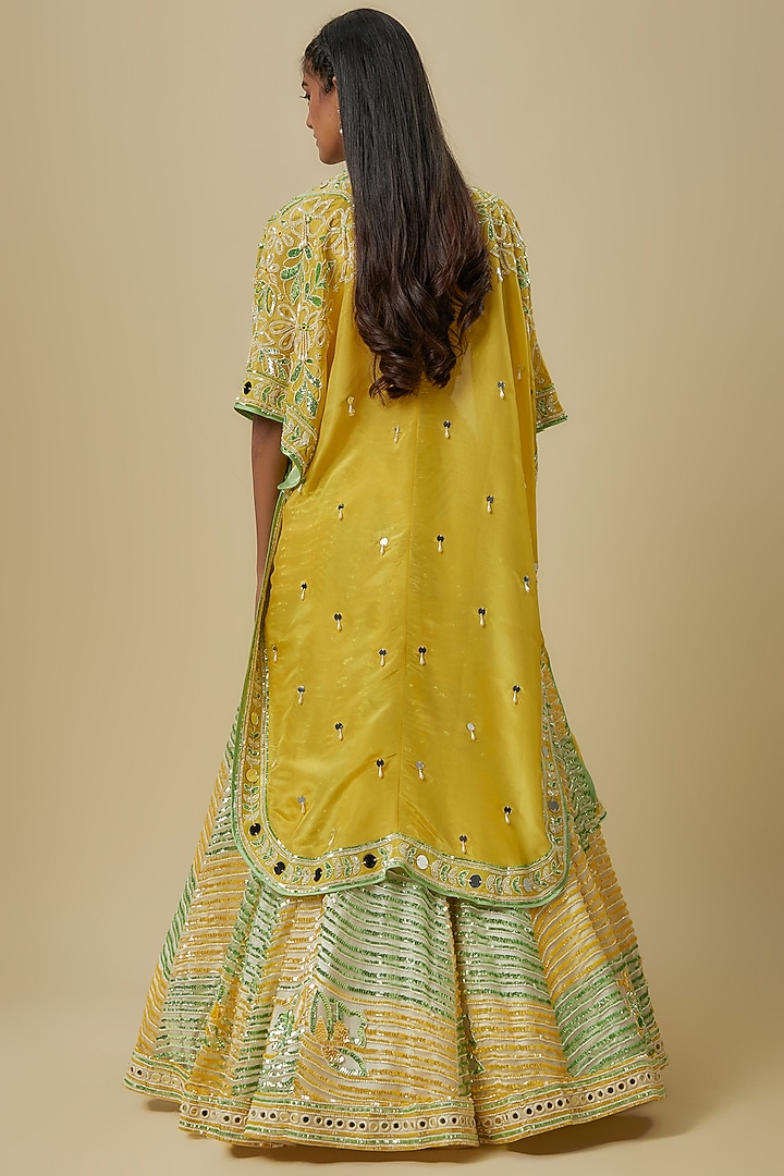 Green & Mustard Silk Shantoon Cape Bridal Lehenga Set by I AM DESIGN at Pernia's Pop Up Shop