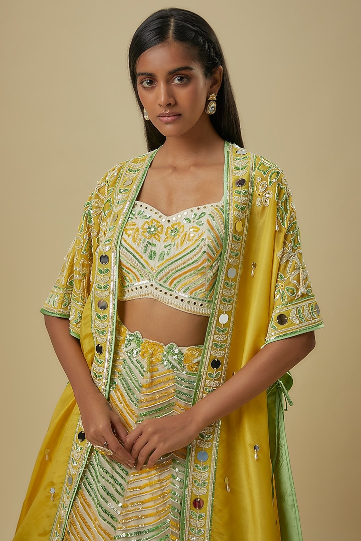 Green & Mustard Silk Shantoon Cape Bridal Lehenga Set by I AM DESIGN at Pernia's Pop Up Shop