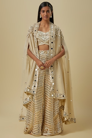 Ivory Gold Silk Shantoon & Hard Net Palazzo Pant Set by I AM DESIGN