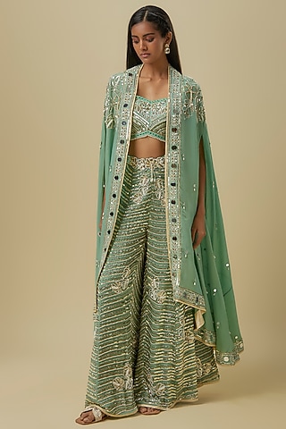 Sea Green Silk Shantoon & Hard Net Palazzo Pant Set by I AM DESIGN