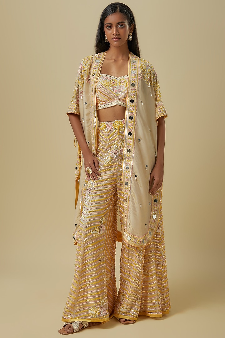 Peach & Mustard Silk Shantoon Palazzo Pant Set by I AM DESIGN at Pernia's Pop Up Shop