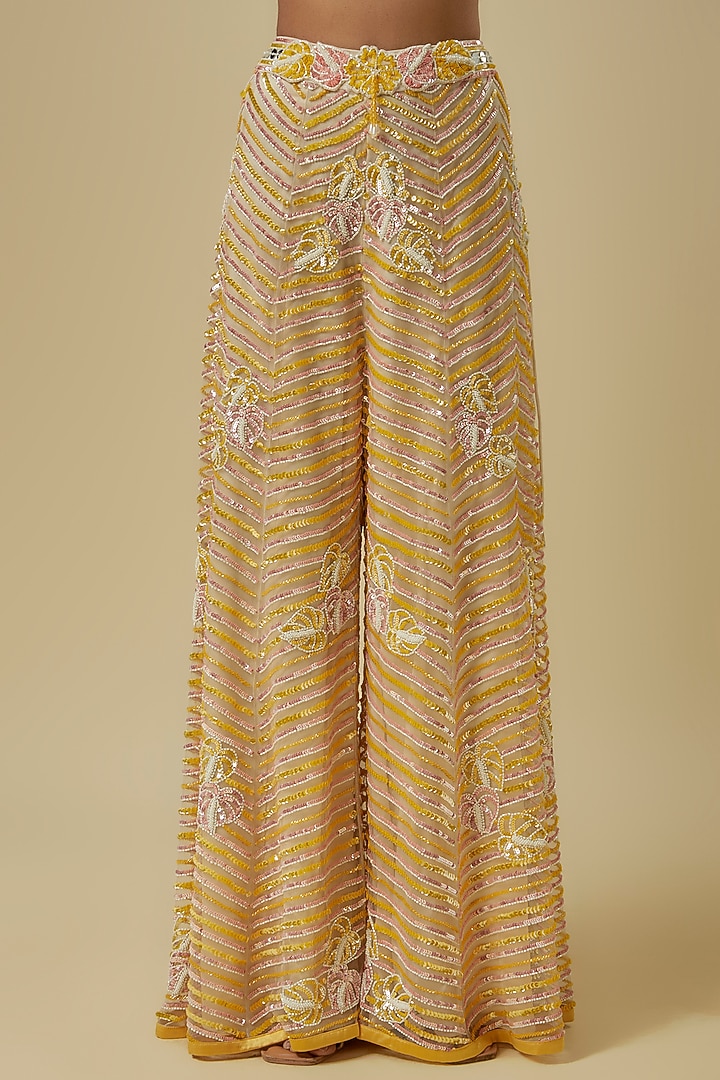 Peach & Mustard Silk Shantoon Palazzo Pant Set by I AM DESIGN at Pernia's Pop Up Shop