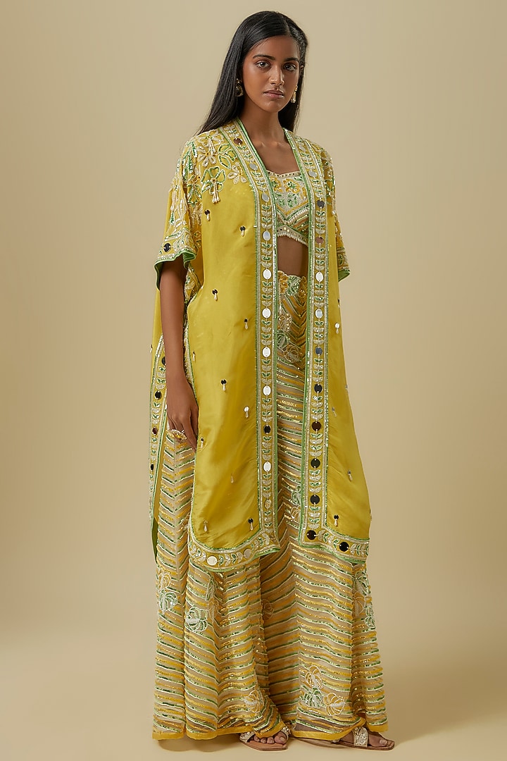 Green & Mustard Silk Shantoon Palazzo Pant Set by I AM DESIGN at Pernia's Pop Up Shop