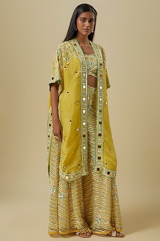Green & Mustard Silk Shantoon Palazzo Pant Set by I AM DESIGN