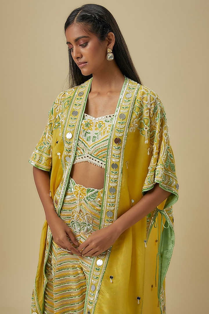 Green & Mustard Silk Shantoon Palazzo Pant Set by I AM DESIGN at Pernia's Pop Up Shop