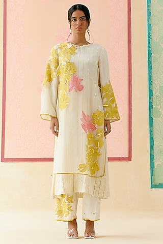 Ivory Silk Organza Floral Applique Work Kurta Set by I AM DESIGN