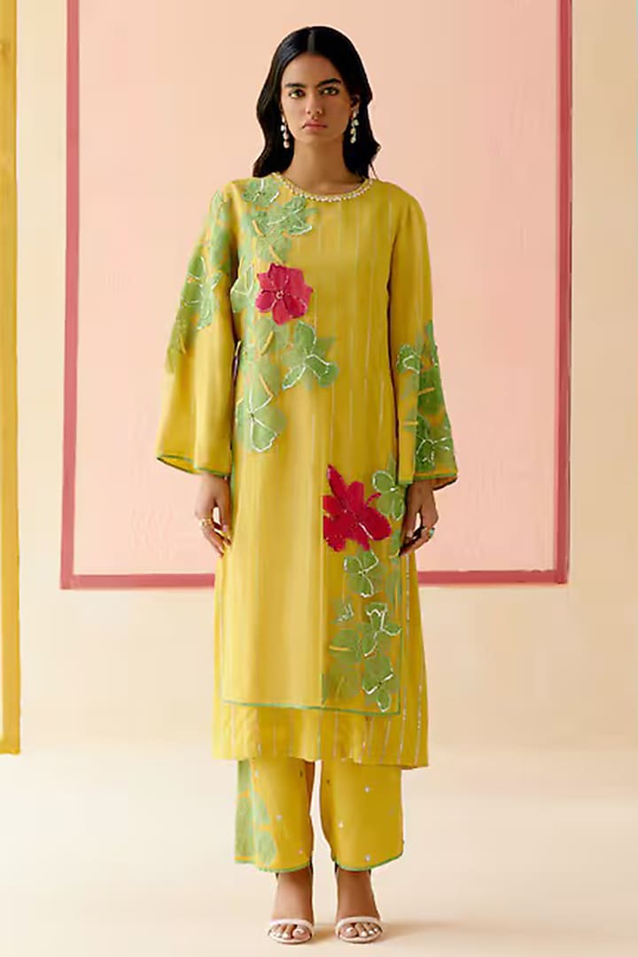 Mustard Silk Organza Floral Applique Work Kurta Set by I AM DESIGN at Pernia's Pop Up Shop