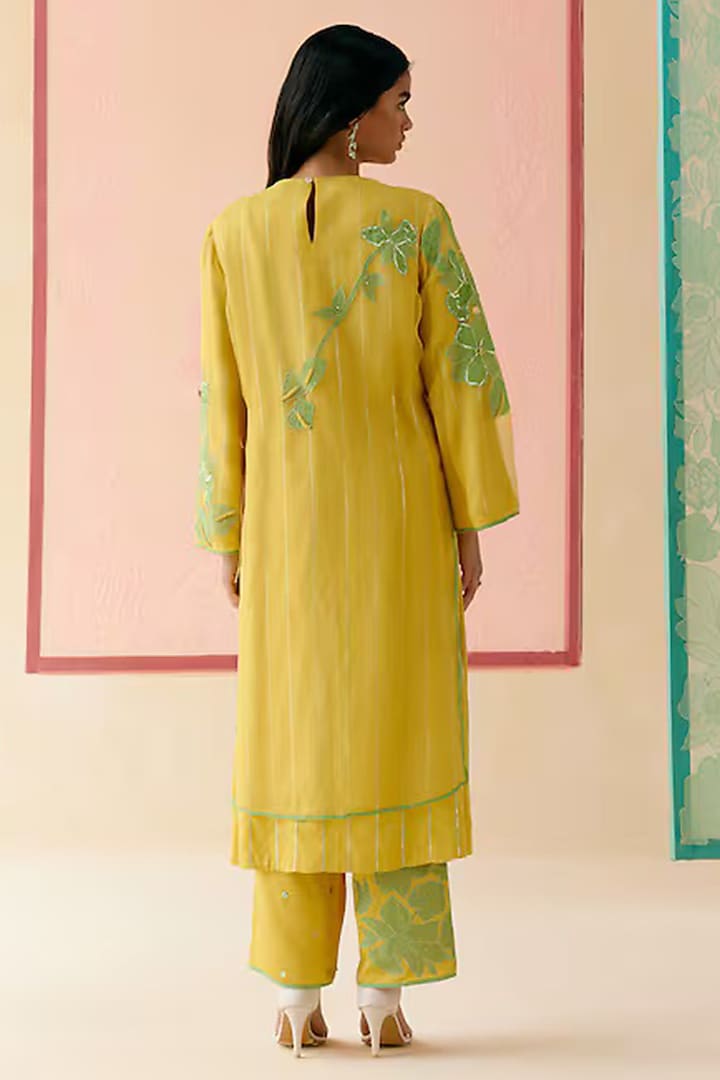 Mustard Silk Organza Floral Applique Work Kurta Set by I AM DESIGN at Pernia's Pop Up Shop