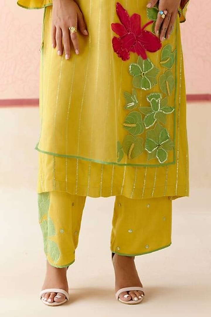 Mustard Silk Organza Floral Applique Work Kurta Set by I AM DESIGN at Pernia's Pop Up Shop
