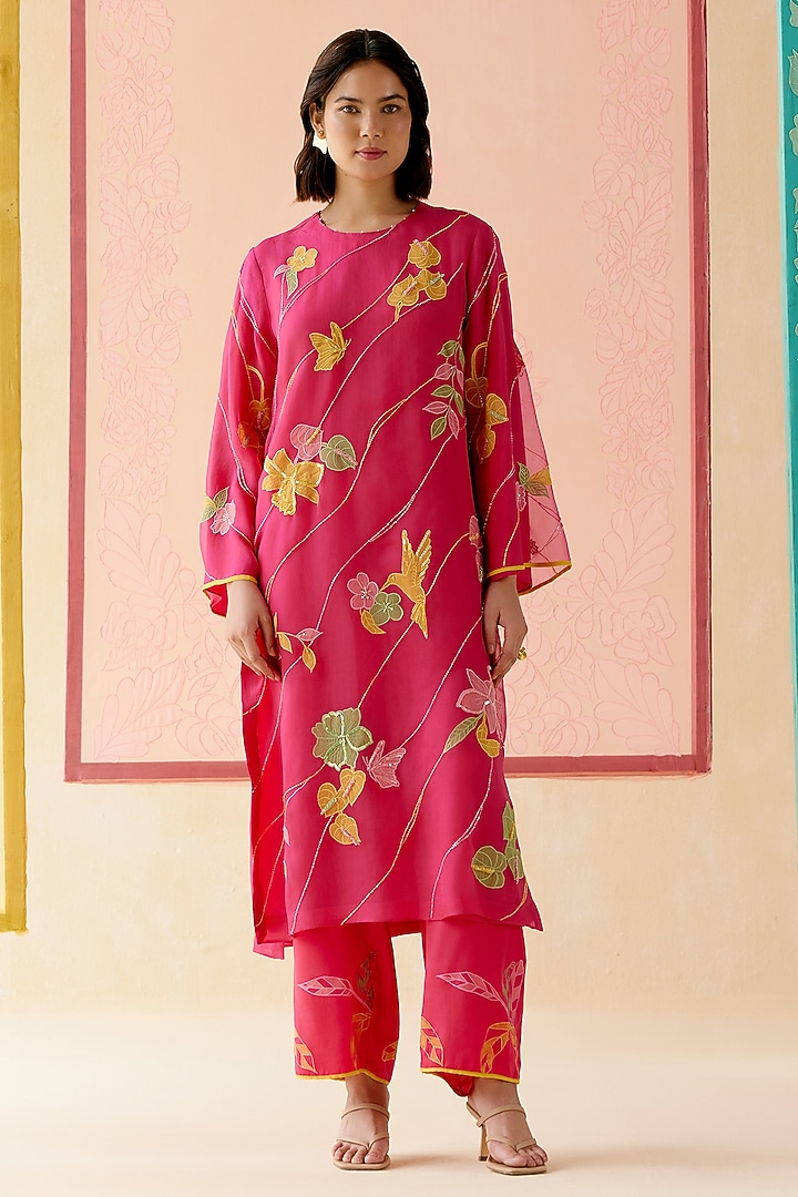 Hot Pink Silk Organza Floral Applique Work Kurta Set by I AM DESIGN at Pernia's Pop Up Shop