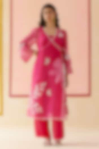 Hot Pink Silk Organza Floral Applique Work Kurta Set by I AM DESIGN at Pernia's Pop Up Shop