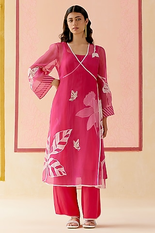 Hot Pink Silk Organza Floral Applique Work Kurta Set by I AM DESIGN
