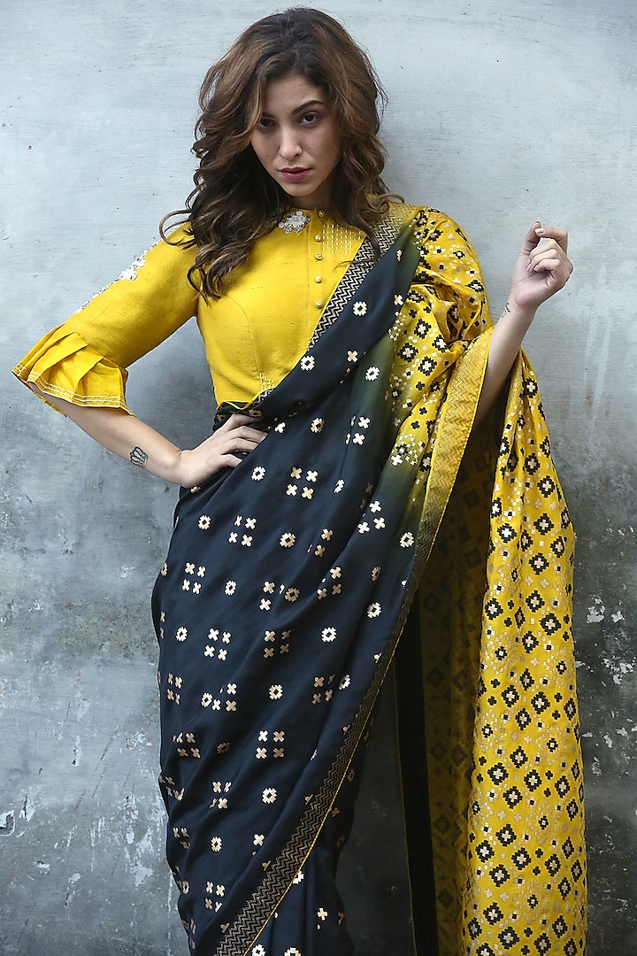 Mustard Floral Embroidered Blouse by I AM DESIGN