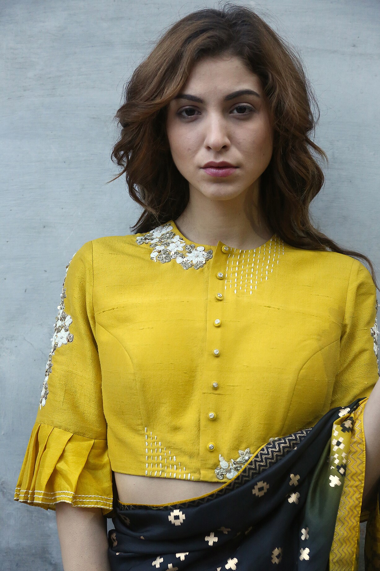 Mustard Floral Embroidered Blouse by I AM DESIGN at Pernia's