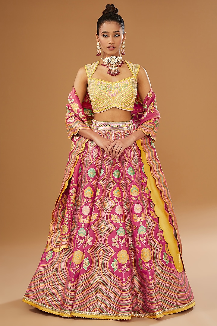 Hot Pink Silk Zari Blend Floral Hand Printed Wedding Lehenga Set by I AM DESIGN at Pernia's Pop Up Shop