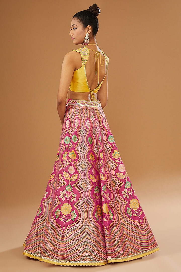 Hot Pink Silk Zari Blend Floral Hand Printed Wedding Lehenga Set by I AM DESIGN at Pernia's Pop Up Shop
