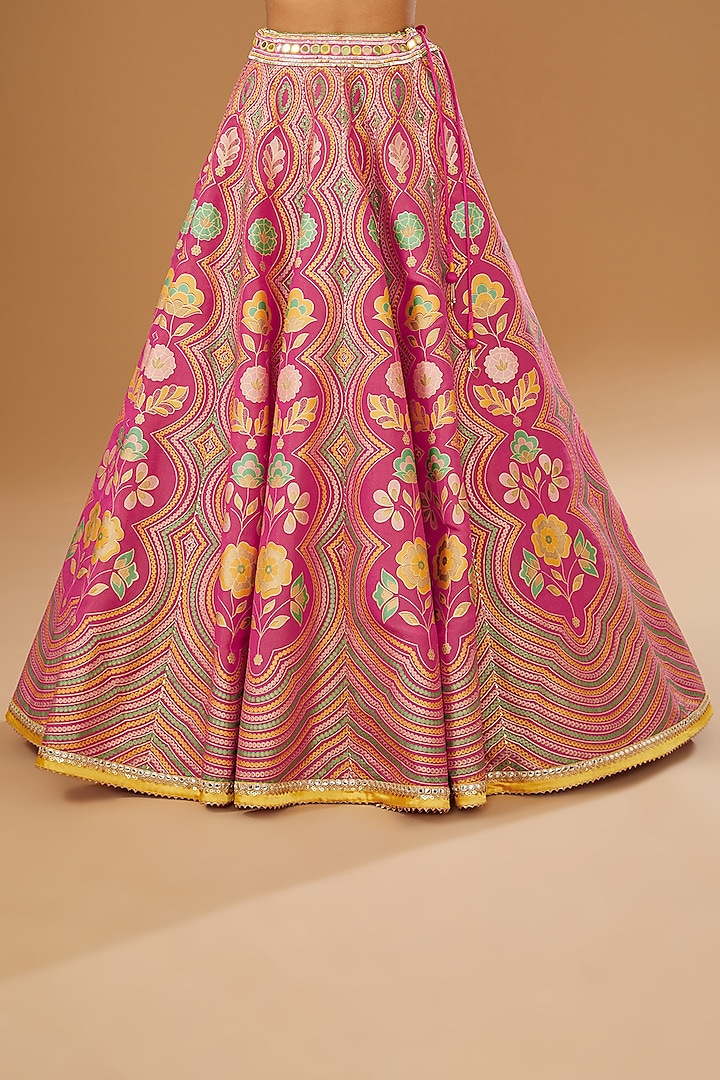 Hot Pink Silk Zari Blend Floral Hand Printed Wedding Lehenga Set by I AM DESIGN at Pernia's Pop Up Shop