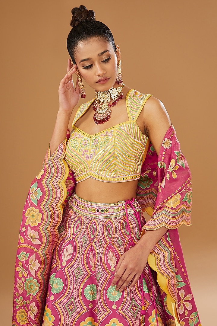 Hot Pink Silk Zari Blend Floral Hand Printed Wedding Lehenga Set by I AM DESIGN at Pernia's Pop Up Shop