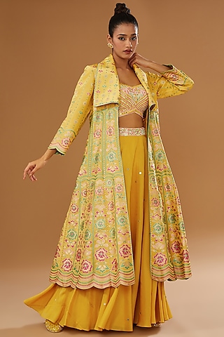 Mustard Silk Zari Blend Floral Hand Printed Jacket Set by I AM DESIGN