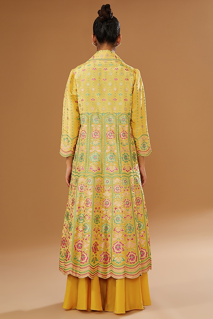 Mustard Silk Zari Blend Floral Hand Printed Jacket Set by I AM DESIGN at Pernia's Pop Up Shop