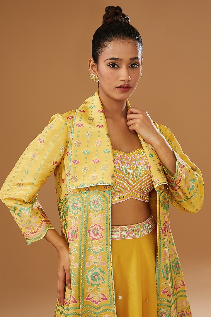 Mustard Silk Zari Blend Floral Hand Printed Jacket Set by I AM DESIGN at Pernia's Pop Up Shop