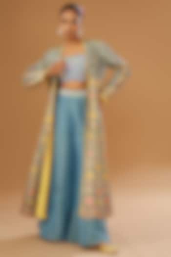 Blue Silk Zari Blend Floral Hand Printed Jacket Set by I AM DESIGN at Pernia's Pop Up Shop