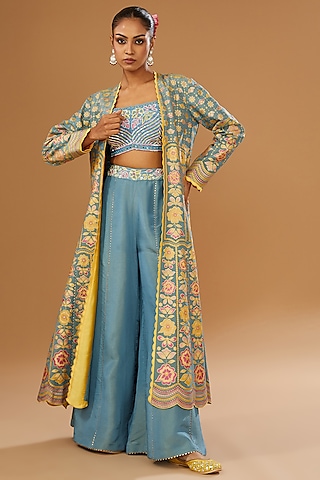 Blue Silk Zari Blend Floral Hand Printed Jacket Set by I AM DESIGN