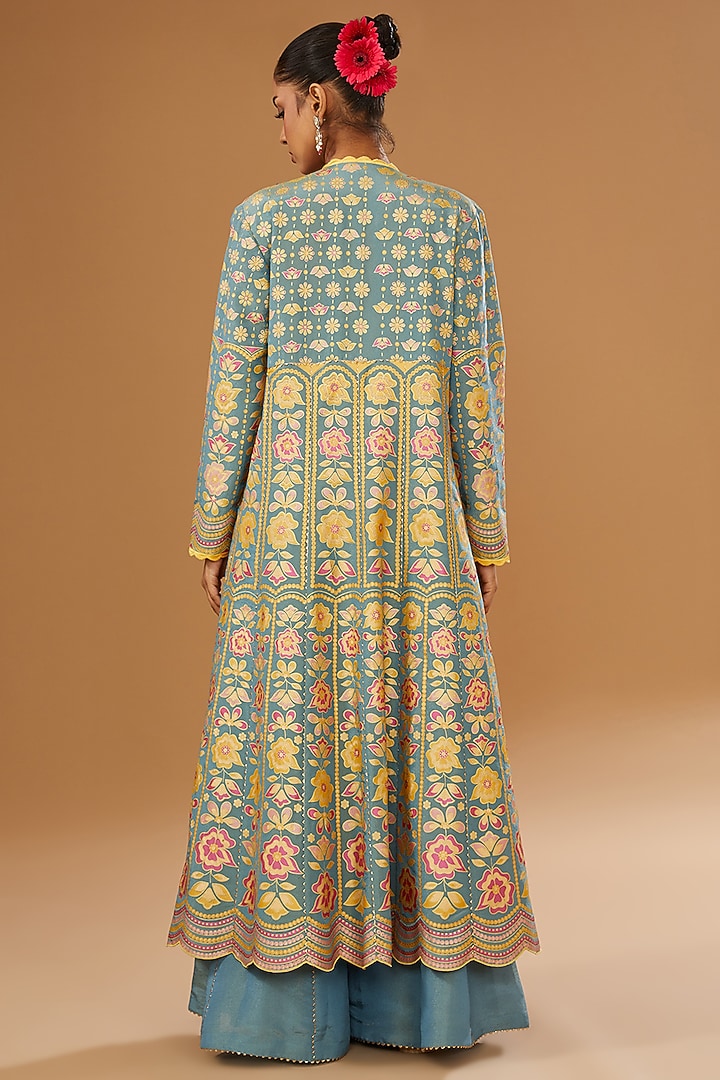Blue Silk Zari Blend Floral Hand Printed Jacket Set by I AM DESIGN at Pernia's Pop Up Shop