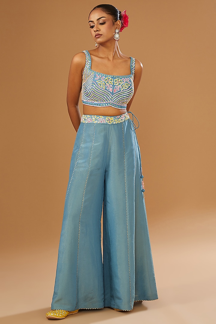Blue Silk Zari Blend Floral Hand Printed Jacket Set by I AM DESIGN at Pernia's Pop Up Shop