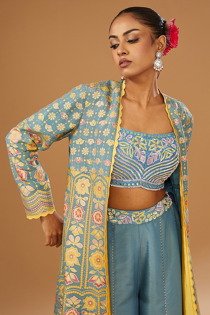 Blue Silk Zari Blend Floral Hand Printed Jacket Set by I AM DESIGN at Pernia's Pop Up Shop