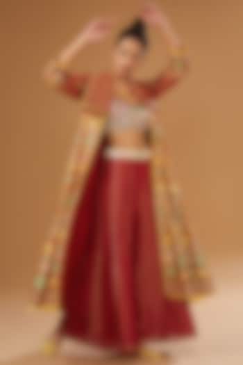 Red Silk Zari Blend Floral Hand Printed Jacket Set by I AM DESIGN at Pernia's Pop Up Shop