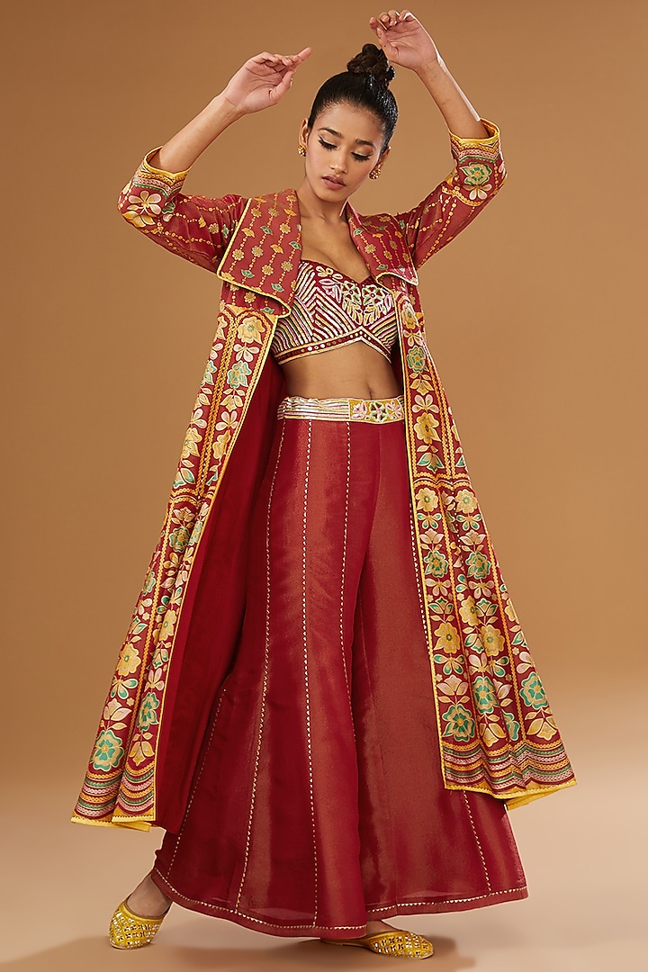 Red Silk Zari Blend Floral Hand Printed Jacket Set by I AM DESIGN at Pernia's Pop Up Shop