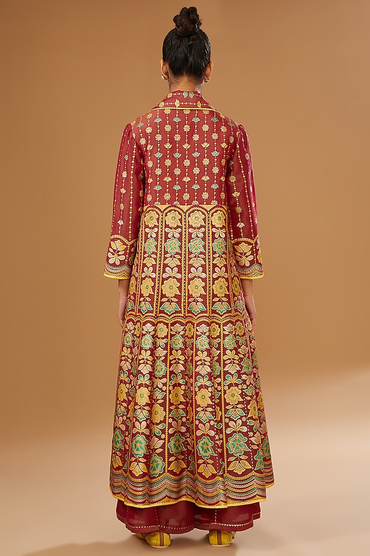 Red Silk Zari Blend Floral Hand Printed Jacket Set by I AM DESIGN at Pernia's Pop Up Shop