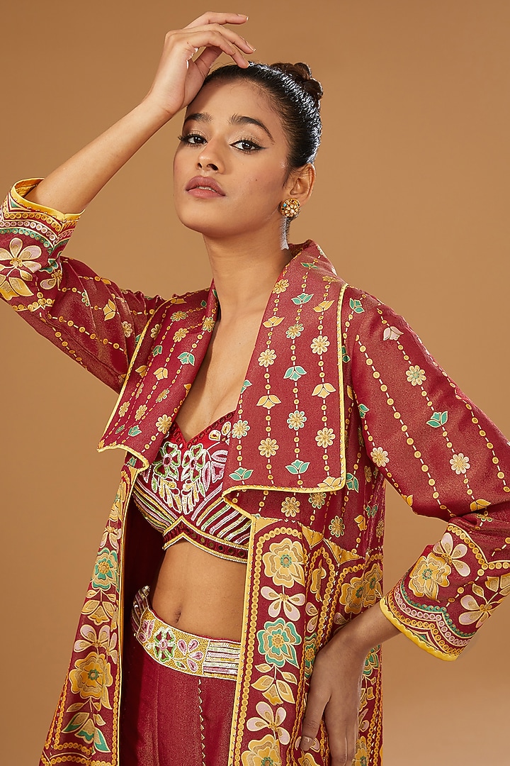 Red Silk Zari Blend Floral Hand Printed Jacket Set by I AM DESIGN at Pernia's Pop Up Shop