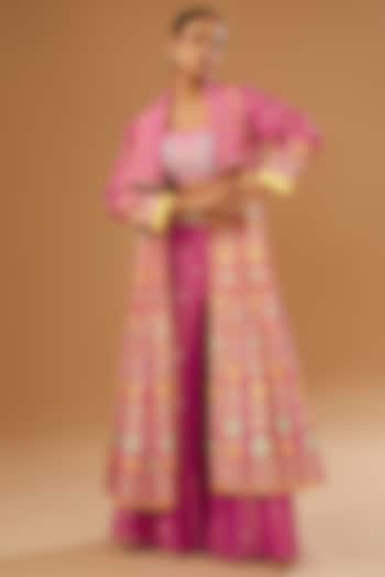 Hot Pink Silk Zari Blend Floral Hand Printed Jacket Set by I AM DESIGN at Pernia's Pop Up Shop