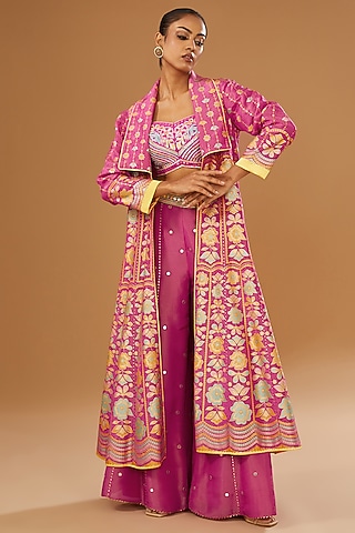 Hot Pink Silk Zari Blend Floral Hand Printed Jacket Set by I AM DESIGN
