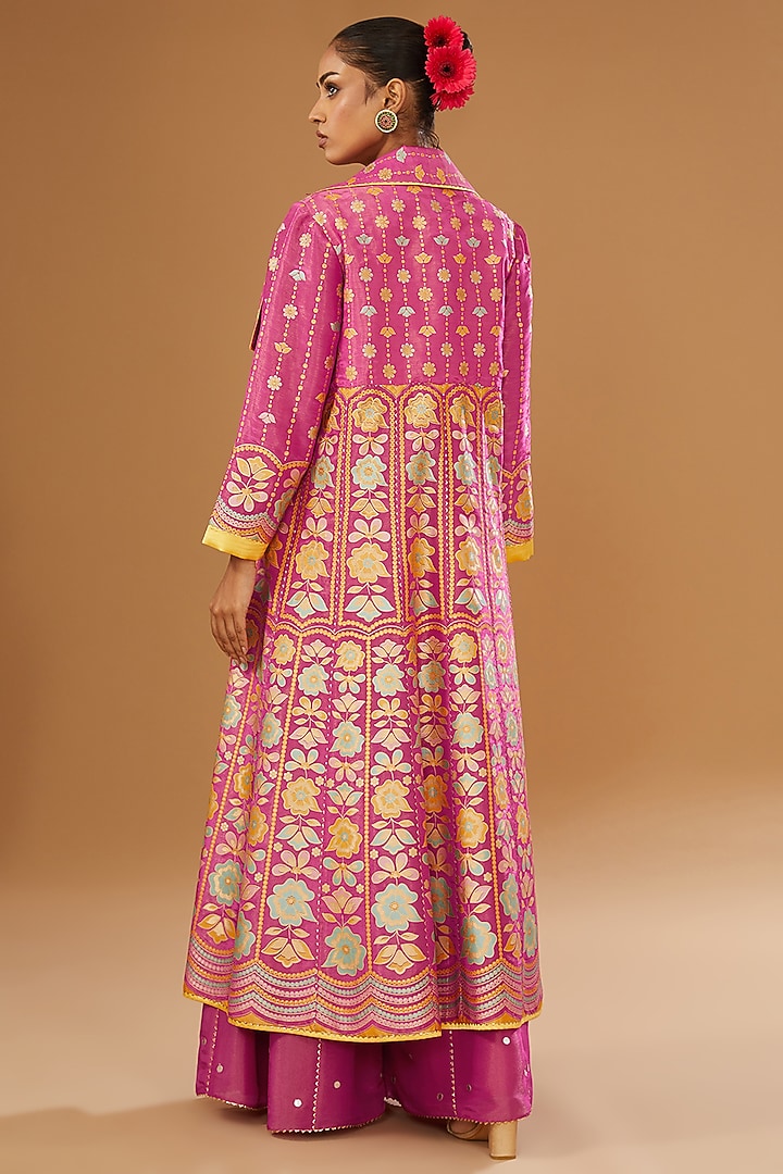 Hot Pink Silk Zari Blend Floral Hand Printed Jacket Set by I AM DESIGN at Pernia's Pop Up Shop